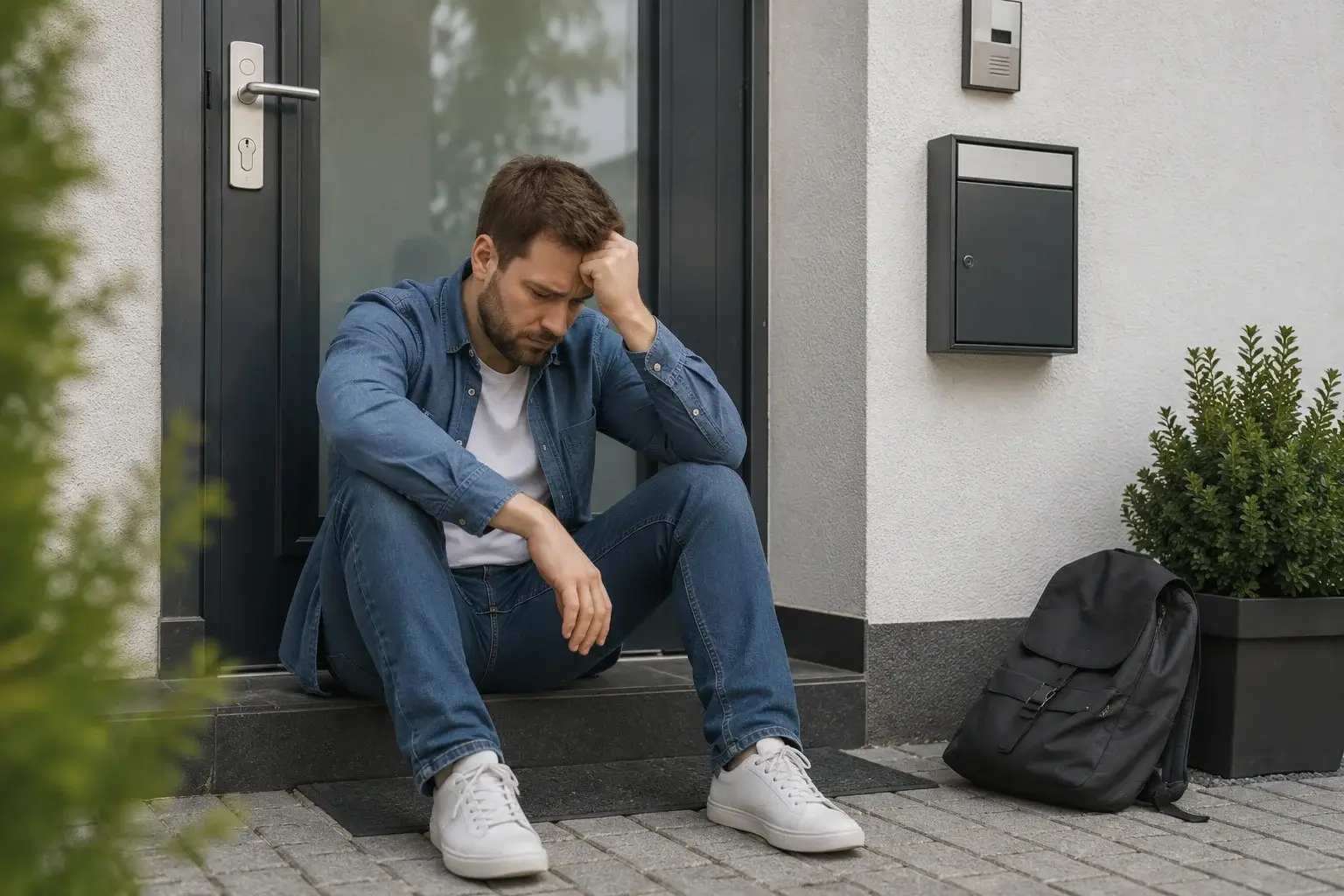 Door closed, man waiting for a locksmith